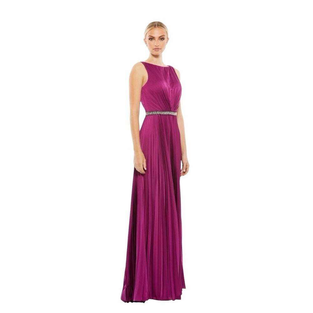 Mac Duggal 26610 Berry Satin Pleated Rhinestone Waist Gown Size 12 $458
